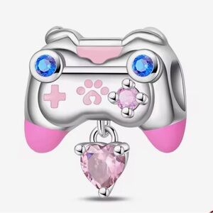 Silver & Pink Paw Print & Dangle Heart Controller Charm